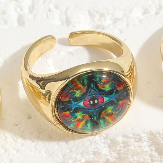 Bild von 1 Stück Messing Religiös Offen Verstellbar Ring Rund Auge Vergoldet Bunt Mit Harz Cabochons 20mm（US Größe:10.25)                                                                                                                                              
