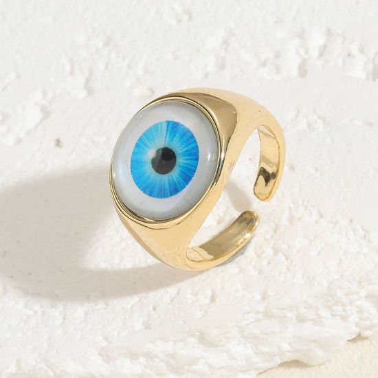 Bild von 1 Stück Messing Religiös Offen Verstellbar Ring Rund Böser Blick Evil Eye Vergoldet Blau Mit Harz Cabochons 20mm（US Größe:10.25)                                                                                                                              