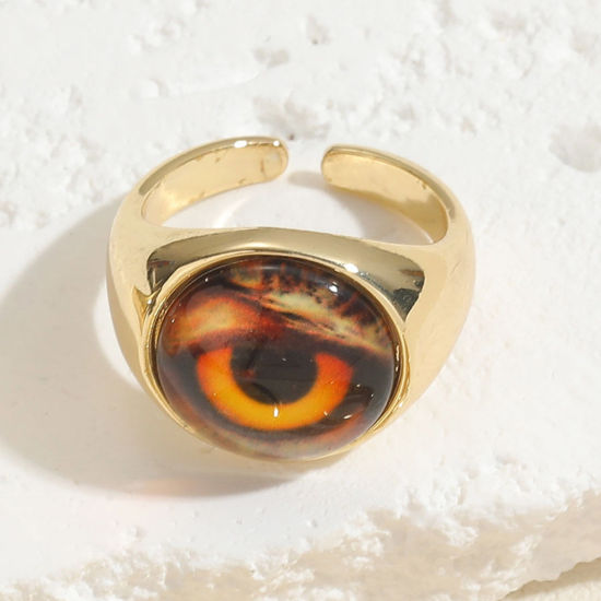 Bild von 1 Stück Messing Religiös Offen Verstellbar Ring Rund Böser Blick Evil Eye Vergoldet Braun Mit Harz Cabochons 20mm（US Größe:10.25)                                                                                                                             
