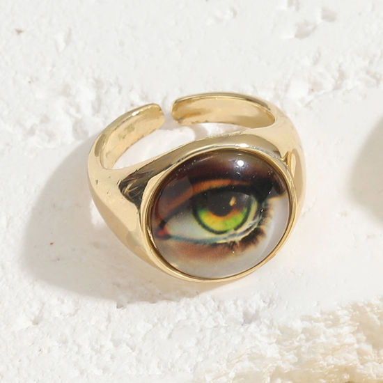 Bild von 1 Stück Messing Religiös Offen Verstellbar Ring Rund Böser Blick Evil Eye Vergoldet Kaffeebraun Mit Harz Cabochons 20mm（US Größe:10.25)                                                                                                                       