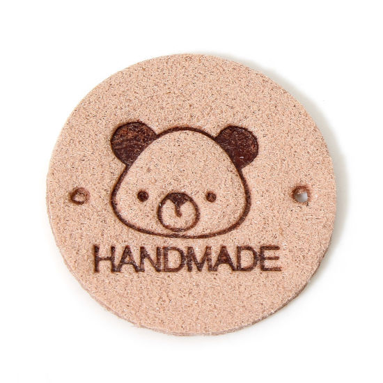Picture of 20 PCs TPU Label Tag For Clothing Round Peachy Beige Bear Pattern " Hand Made " 25mm