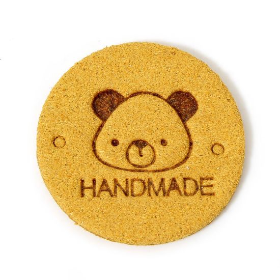 Picture of 20 PCs TPU Label Tag For Clothing Round Yellow Bear Pattern " Hand Made " 25mm
