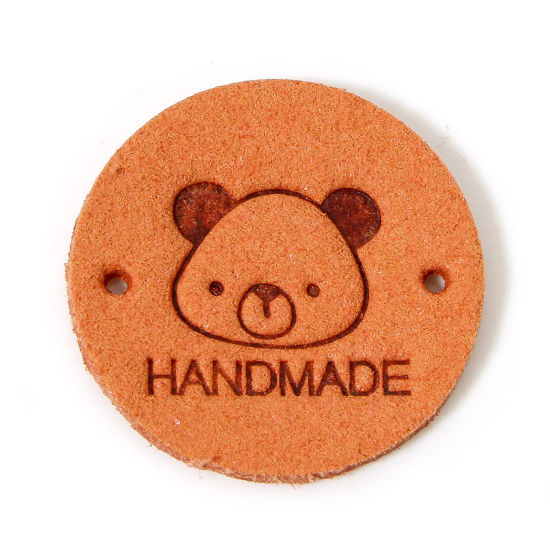 Picture of 20 PCs TPU Label Tag For Clothing Round Orange Bear Pattern " Hand Made " 25mm