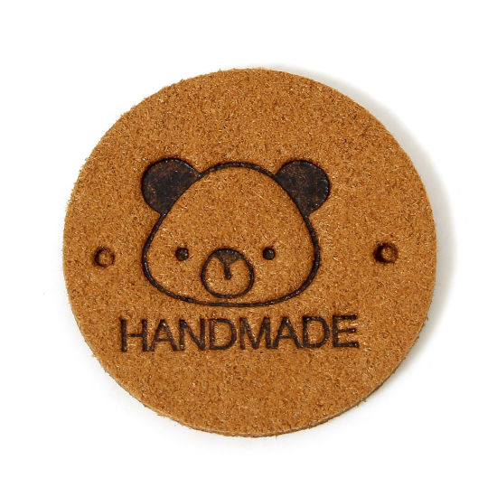 Picture of 20 PCs TPU Label Tag For Clothing Round Brown Bear Pattern " Hand Made " 25mm