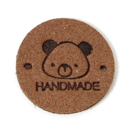 Picture of 20 PCs TPU Label Tag For Clothing Round Coffee Bear Pattern " Hand Made " 25mm