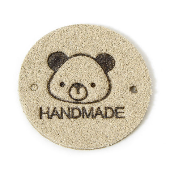 Picture of 20 PCs TPU Label Tag For Clothing Round Khaki Bear Pattern " Hand Made " 25mm