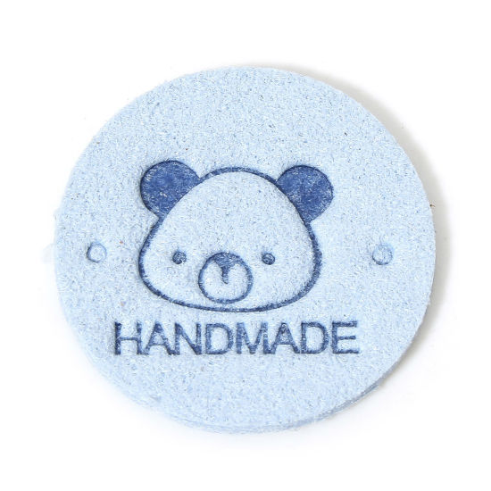Picture of 20 PCs TPU Label Tag For Clothing Round Light Blue Bear Pattern " Hand Made " 25mm