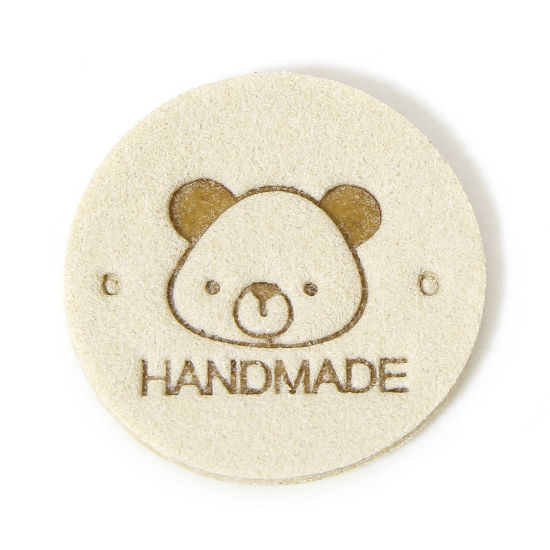 Picture of 20 PCs TPU Label Tag For Clothing Round Creamy-White Bear Pattern " Hand Made " 25mm