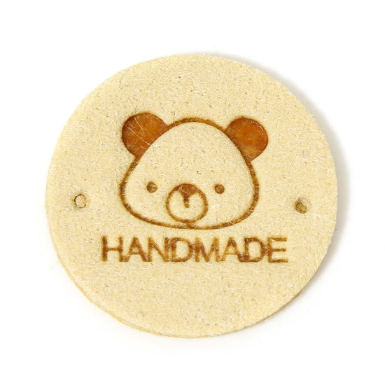 Picture of 20 PCs TPU Label Tag For Clothing Round Pale Yellow Bear Pattern " Hand Made " 25mm