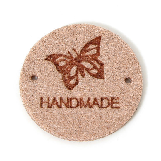 Bild von 20 Stück PU Label-Tag für Kleidung Rund Pfirsichfarben Schmetterling Muster " Hand Made " 25mm