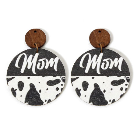 Image de 5 Pcs Pendentifs Fête des Mères en Bois Naturel Blanc Rond Impression de Vache Message" Mom " à Strass Double Face 5.6cm x 4cm