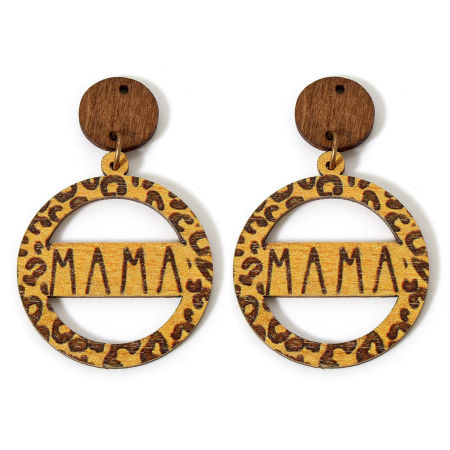 Image de 5 Pcs Pendentifs Fête des Mères en Bois Naturel Jaune Rond Léopard Message" Mama " à Strass Double Face 5.6cm x 4cm