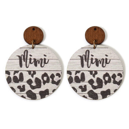 Image de 5 Pcs Pendentifs Fête des Mères en Bois Naturel Gris Clair Rond Léopard à Strass Double Face 5.6cm x 4cm