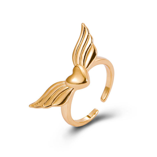 Picture of 1 Piece Brass Retro Open Adjustable Rings Wing Heart KC Gold Plated 16mm(US size 5.25)                                                                                                                                                                        