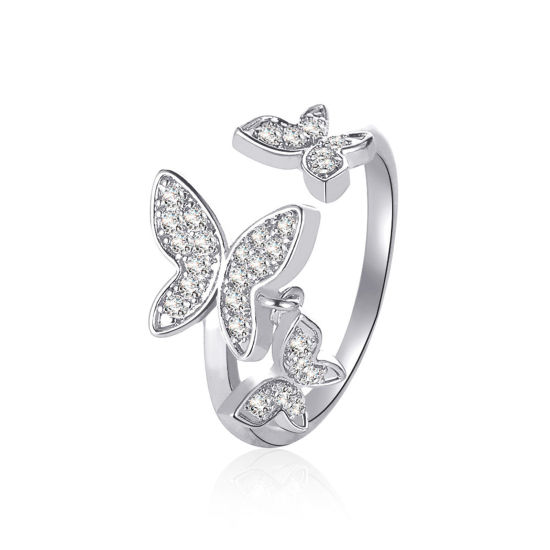 Picture of 1 Piece Brass Stylish Open Adjustable Rings Butterfly Animal Platinum Plated Micro Pave Clear Rhinestone 20mm(US Size 10.25)                                                                                                                                  