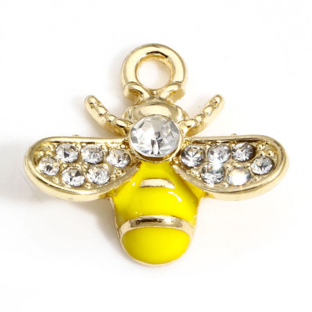 Image de 10 Pcs Breloques Insecte en Alliage de Zinc Doré Jaune Abeille à Strass Transparent Émail 17mm x 16mm