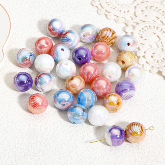 Bild von 10 Stück Acryl Perlen für die Herstellung von DIY-Charme-Schmuck Zufällig Gemischte Farben AB Farbe Rund Streifen ca. 16mm D., Loch:ca. 2.8mm