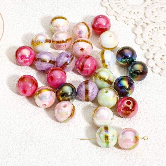 Bild von 10 Stück Acryl Perlen für die Herstellung von DIY-Charme-Schmuck Zufällig Gemischte Farben AB Farbe Rund Streifen Glitzert ca. 16mm D., Loch:ca. 2.8mm