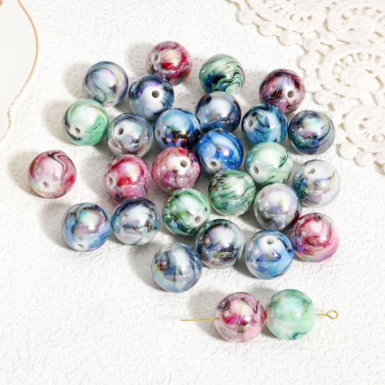 Picture of 10 PCs Acrylic Beads For DIY Charm Jewelry Making At Random Mixed Color AB Rainbow Color Round Ink Spot About 16mm Dia., Hole: Approx 2.2mm