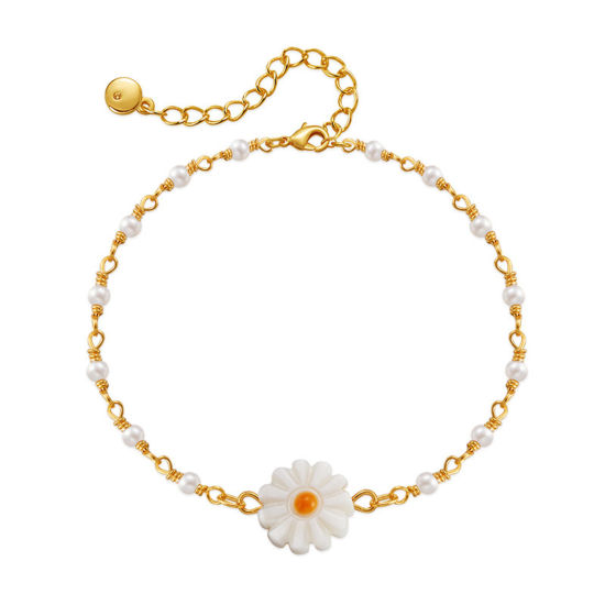 Picture of 1 Piece Brass Pastoral Style Bracelets Daisy Flower Gold Plated White 17cm(6 6/8") long                                                                                                                                                                       