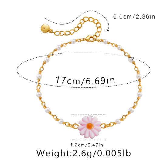 Picture of 1 Piece Brass Pastoral Style Bracelets Daisy Flower Gold Plated Pale Lilac 17cm(6 6/8") long                                                                                                                                                                  