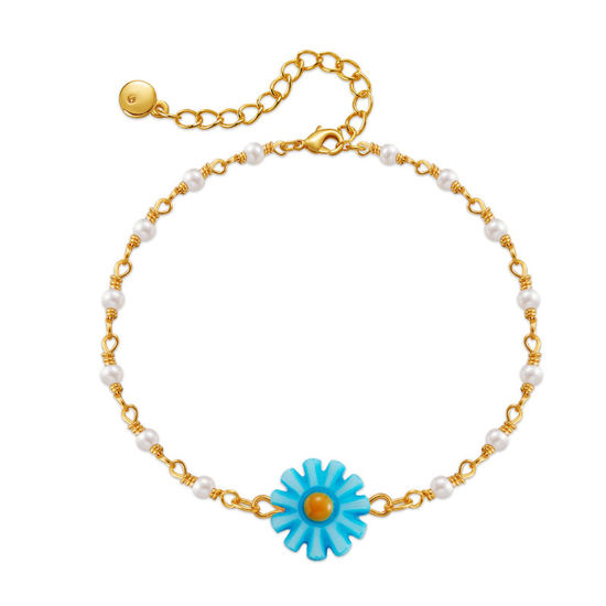 Picture of 1 Piece Brass Pastoral Style Bracelets Daisy Flower Gold Plated Blue 17cm(6 6/8") long                                                                                                                                                                        