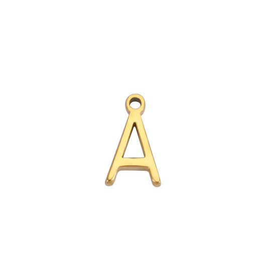 Picture of 1 Piece 304 Stainless Steel Mini Charms Gold Plated Initial Alphabet/ Capital Letter Message " A " 8mm x 5mm