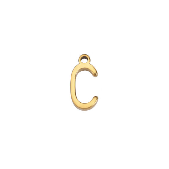 Picture of 1 Piece 304 Stainless Steel Mini Charms Gold Plated Initial Alphabet/ Capital Letter Message " C " 8mm x 4mm