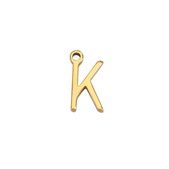 Picture of 1 Piece 304 Stainless Steel Mini Charms Gold Plated Initial Alphabet/ Capital Letter Message " K " 8mm x 4.5mm