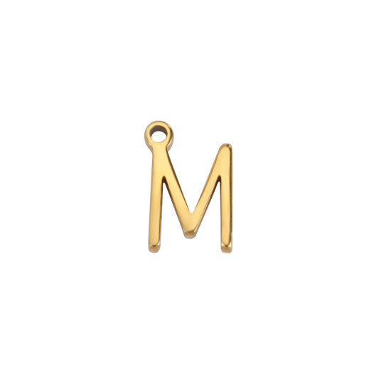 Picture of 1 Piece 304 Stainless Steel Mini Charms Gold Plated Initial Alphabet/ Capital Letter Message " M " 8mm x 5.5mm