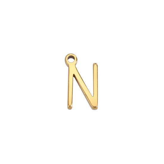 Picture of 1 Piece 304 Stainless Steel Mini Charms Gold Plated Initial Alphabet/ Capital Letter Message " N " 8mm x 5mm