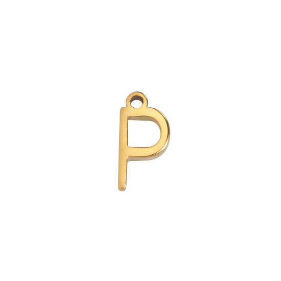 Picture of 1 Piece 304 Stainless Steel Mini Charms Gold Plated Initial Alphabet/ Capital Letter Message " P " 8mm x 4mm