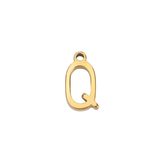 Picture of 1 Piece 304 Stainless Steel Mini Charms Gold Plated Initial Alphabet/ Capital Letter Message " Q " 8mm x 4mm