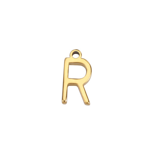 Picture of 1 Piece 304 Stainless Steel Mini Charms Gold Plated Initial Alphabet/ Capital Letter Message " R " 8mm x 4mm