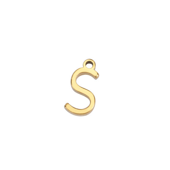 Picture of 1 Piece 304 Stainless Steel Mini Charms Gold Plated Initial Alphabet/ Capital Letter Message " S " 8mm x 4mm