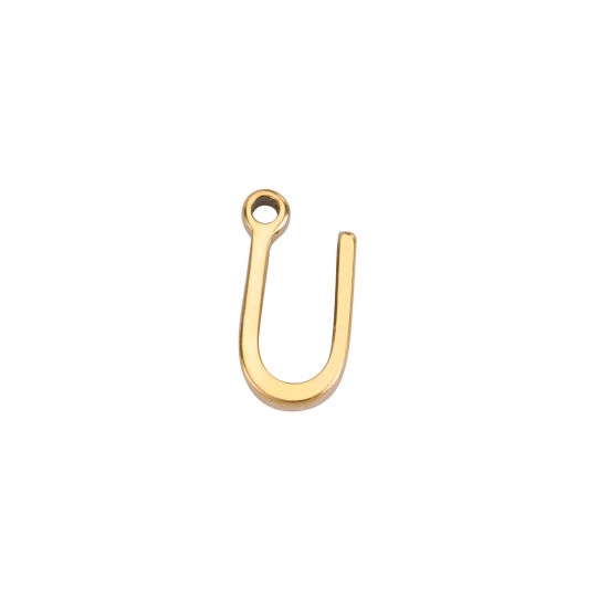 Picture of 1 Piece 304 Stainless Steel Mini Charms Gold Plated Initial Alphabet/ Capital Letter Message " U " 8mm x 4.5mm