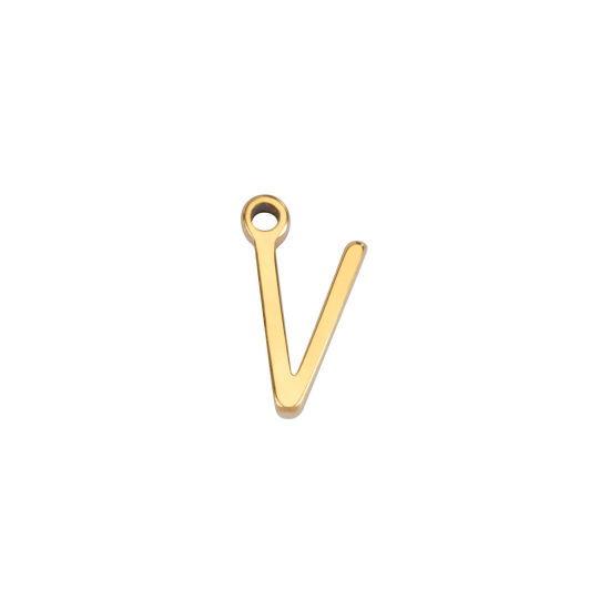 Picture of 1 Piece 304 Stainless Steel Mini Charms Gold Plated Initial Alphabet/ Capital Letter Message " V " 8mm x 5mm