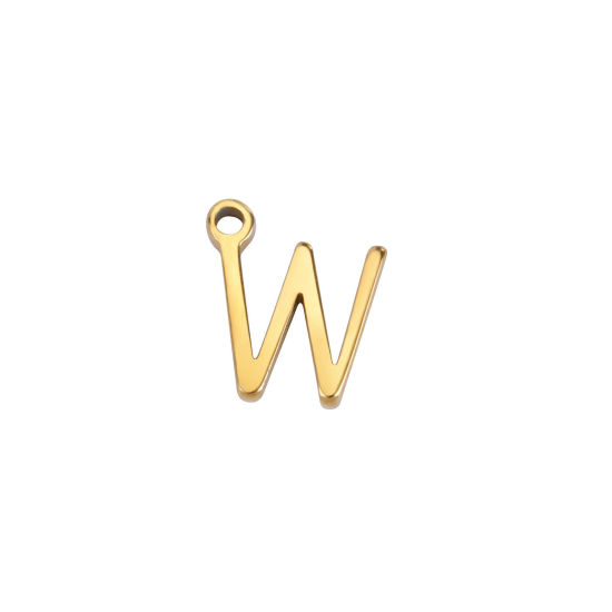 Picture of 1 Piece 304 Stainless Steel Mini Charms Gold Plated Initial Alphabet/ Capital Letter Message " W " 7mm x 7mm