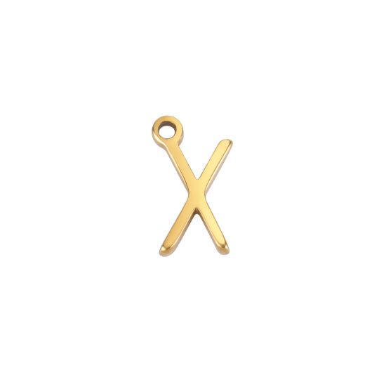 Picture of 1 Piece 304 Stainless Steel Mini Charms Gold Plated Initial Alphabet/ Capital Letter Message " X " 8mm x 5mm