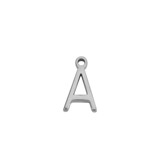 Picture of 1 Piece 304 Stainless Steel Mini Charms Silver Tone Initial Alphabet/ Capital Letter Message " A " 8mm x 4mm