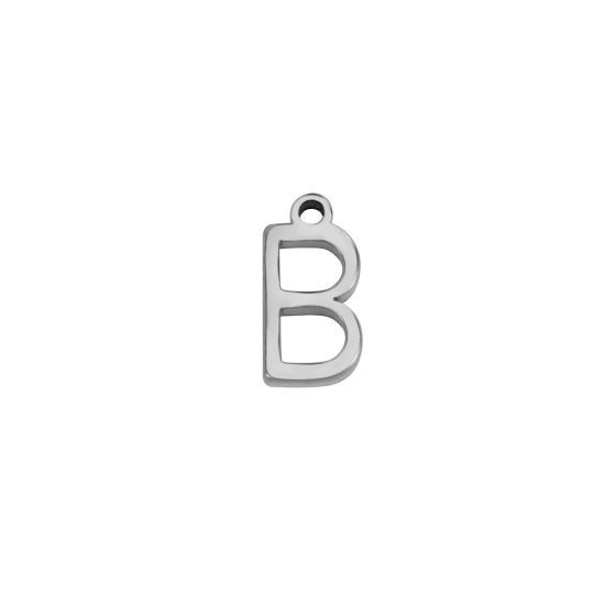 Picture of 1 Piece 304 Stainless Steel Mini Charms Silver Tone Initial Alphabet/ Capital Letter Message " B " 8mm x 4mm