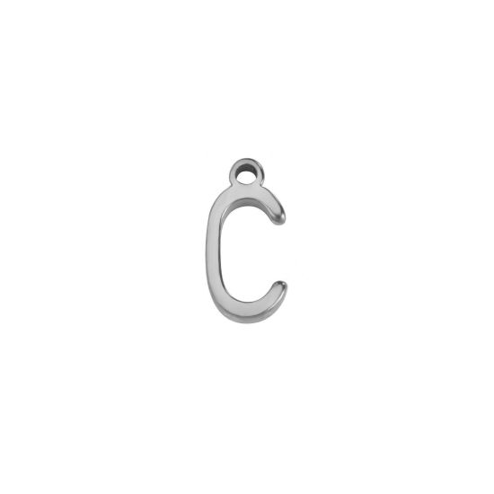 Picture of 1 Piece 304 Stainless Steel Mini Charms Silver Tone Initial Alphabet/ Capital Letter Message " C " 8mm x 4mm