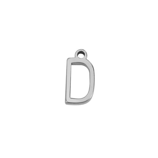 Picture of 1 Piece 304 Stainless Steel Mini Charms Silver Tone Initial Alphabet/ Capital Letter Message " D " 8mm x 4mm