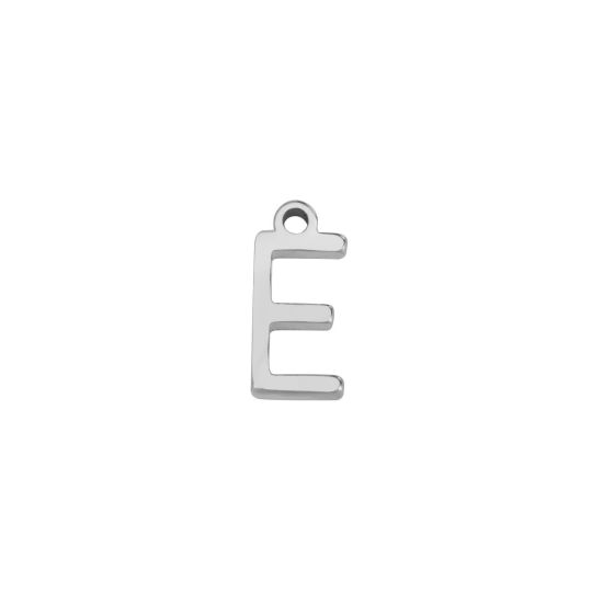 Picture of 1 Piece 304 Stainless Steel Mini Charms Silver Tone Initial Alphabet/ Capital Letter Message " E " 8mm x 4mm