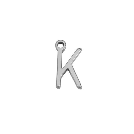 Picture of 1 Piece 304 Stainless Steel Mini Charms Silver Tone Initial Alphabet/ Capital Letter Message " K " 8mm x 4.5mm