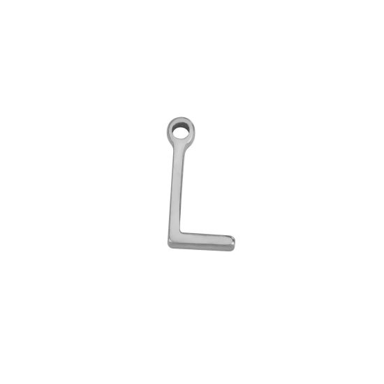 Picture of 1 Piece 304 Stainless Steel Mini Charms Silver Tone Initial Alphabet/ Capital Letter Message " L " 8mm x 4mm