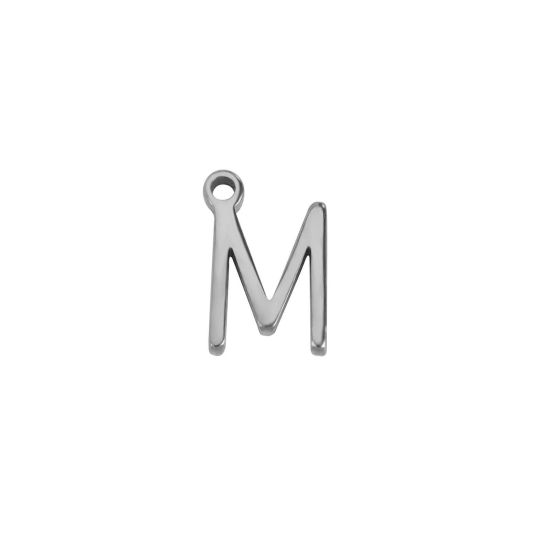 Picture of 1 Piece 304 Stainless Steel Mini Charms Silver Tone Initial Alphabet/ Capital Letter Message " M " 8mm x 5.5mm