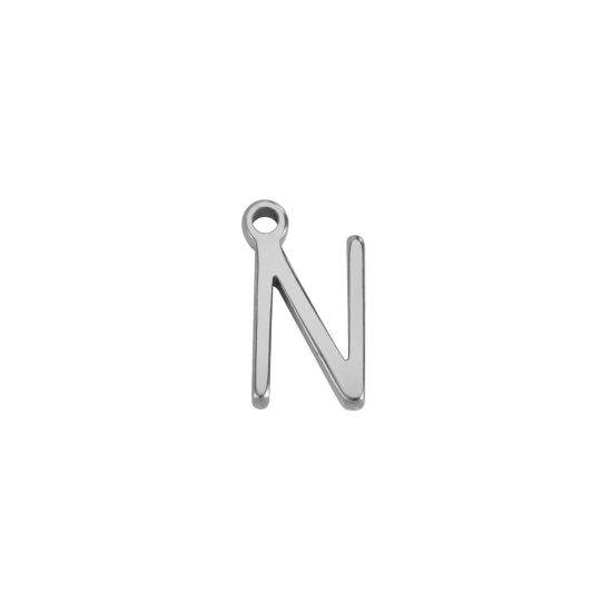 Picture of 1 Piece 304 Stainless Steel Mini Charms Silver Tone Initial Alphabet/ Capital Letter Message " N " 8mm x 5mm