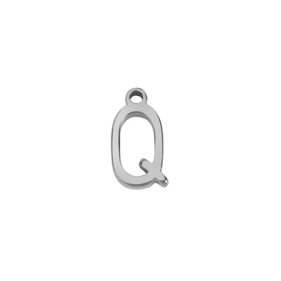 Picture of 1 Piece 304 Stainless Steel Mini Charms Silver Tone Initial Alphabet/ Capital Letter Message " Q " 8mm x 4mm