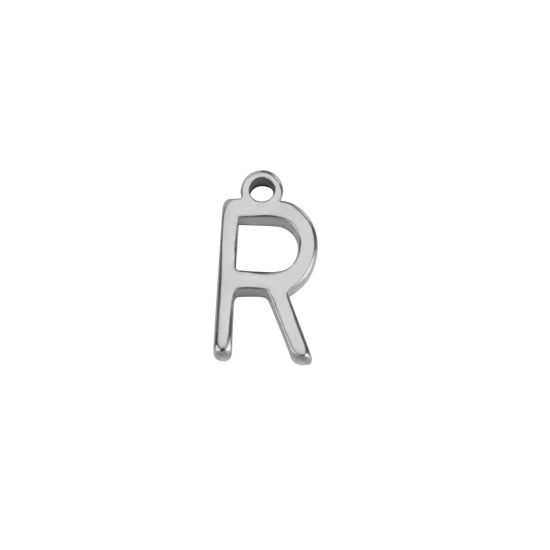 Picture of 1 Piece 304 Stainless Steel Mini Charms Silver Tone Initial Alphabet/ Capital Letter Message " R " 8mm x 4mm